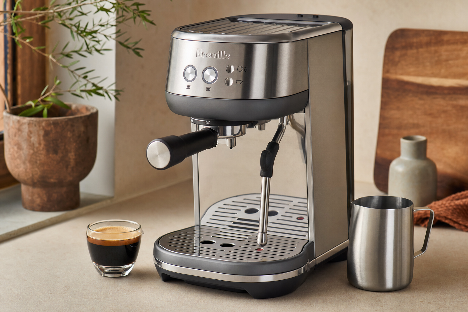 Breville Bambino BES450BSS espresso machine on counter with espresso cup and milk pitcher.