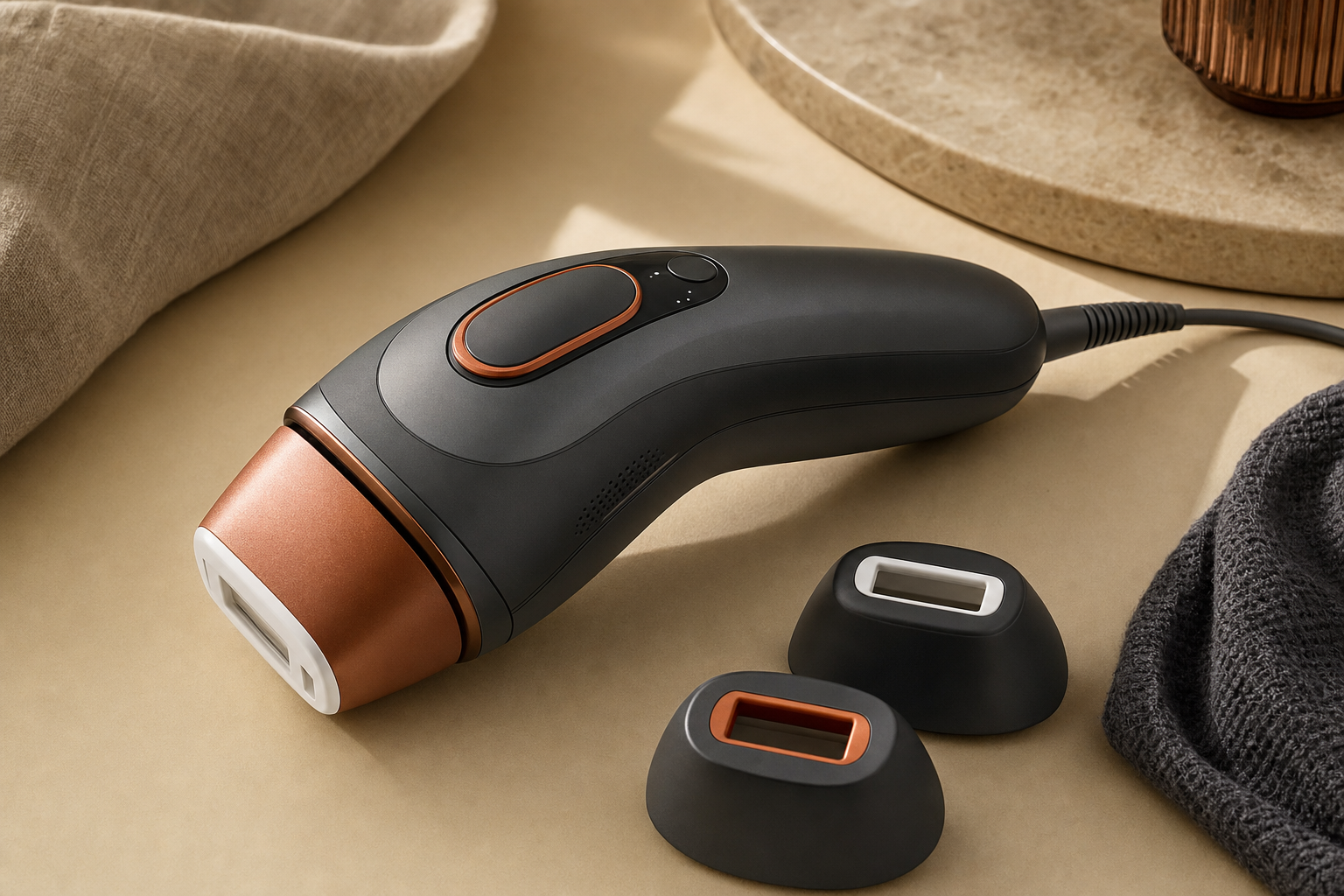 Angled view of the Braun Silk Expert Pro 5 IPL5137 showing its handheld shape on a neutral surface.