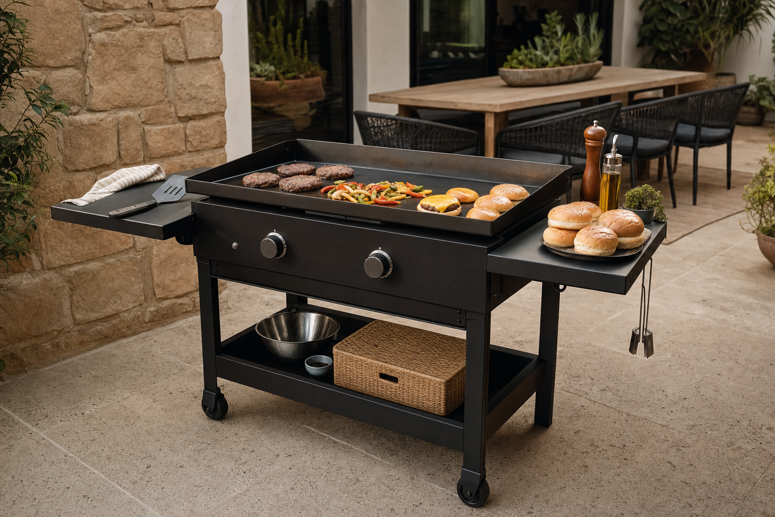 Angled view of a 28-inch outdoor flat-top griddle showing its overall footprint and side workspace
