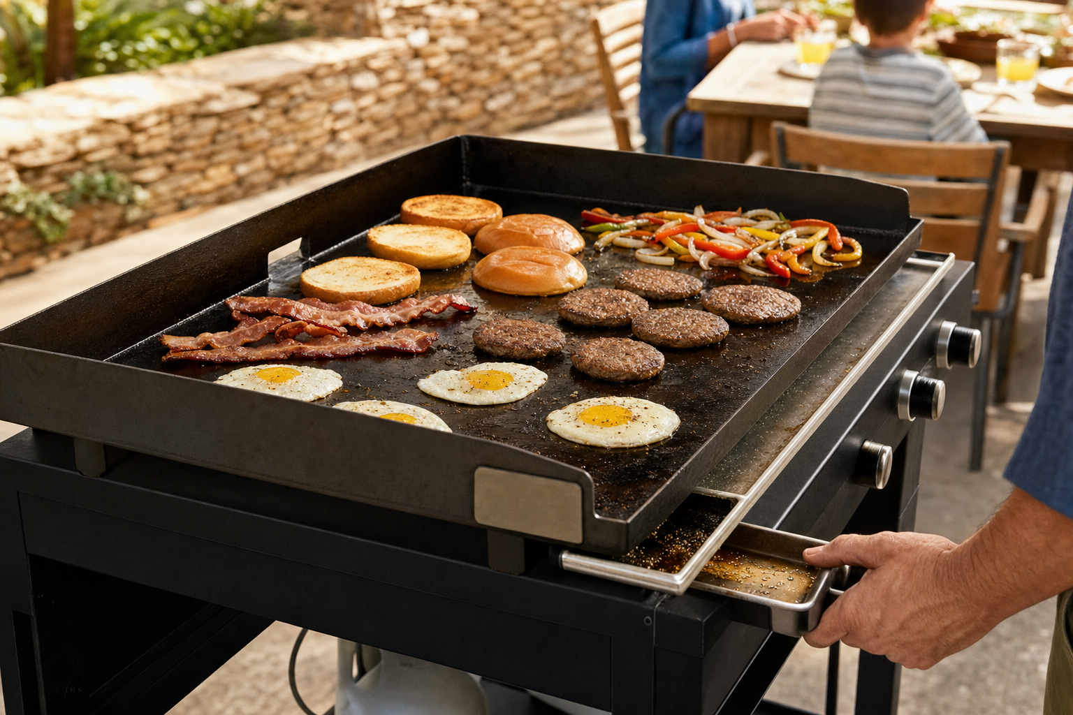 Flat-top griddle cooking breakfast and burgers outdoors for a family meal