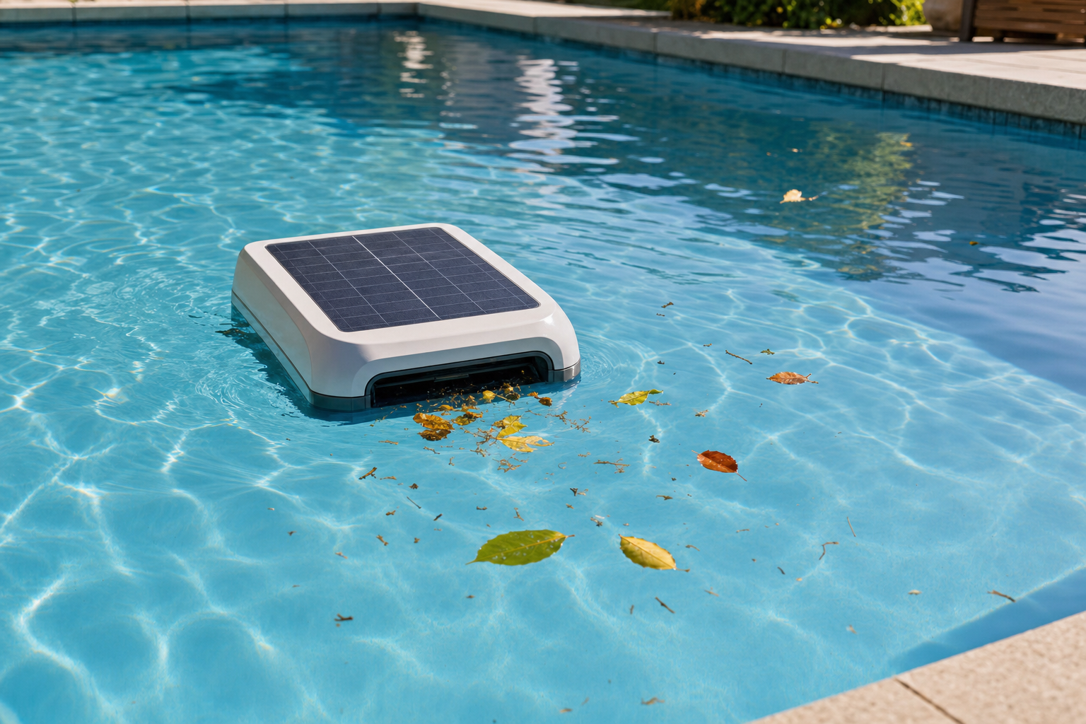 Solar-powered robotic pool skimmer floating on pool surface collecting small leaves