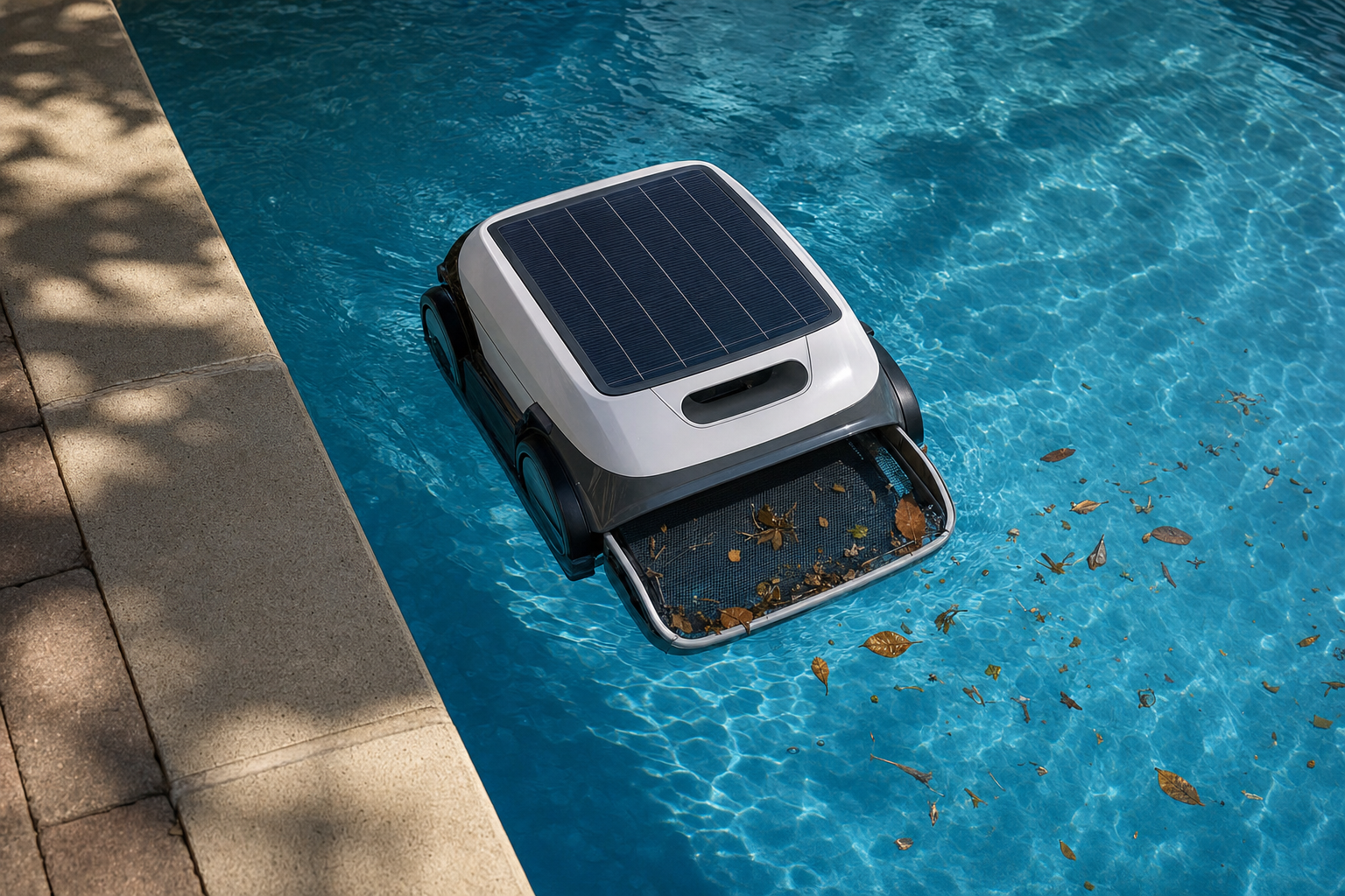 Angled top view of a surface pool skimmer showing the solar panel area and debris collection opening