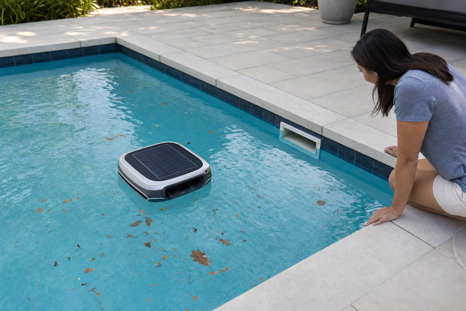 Surface pool skimmer floating near pool edge showing realistic size and use context