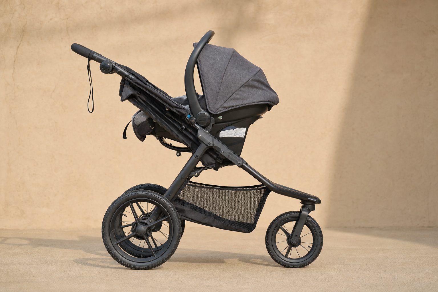 Side profile of a jogging-style stroller travel system showing large wheels and frame shape