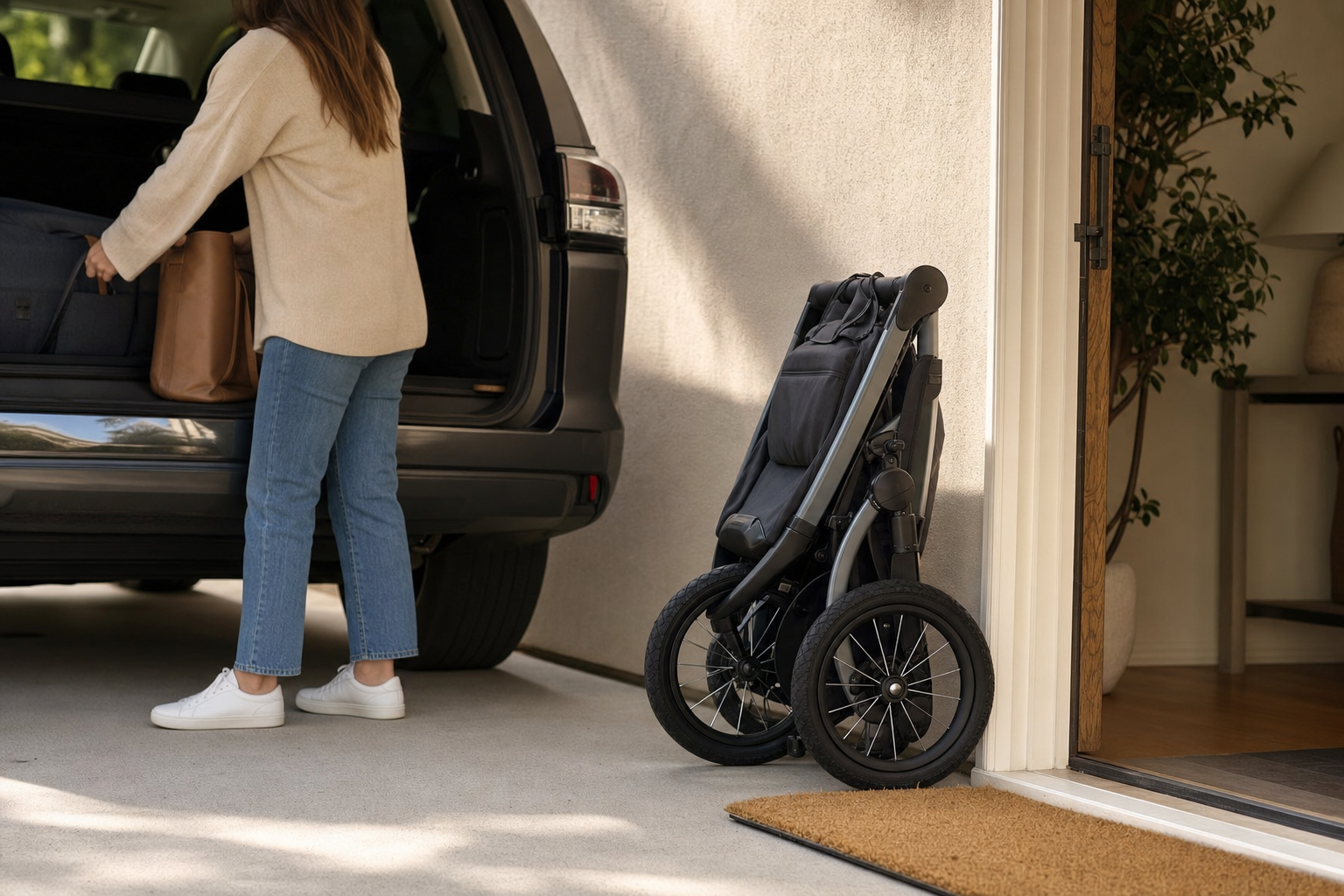 Folded jogger stroller next to a car trunk for storage-scale context