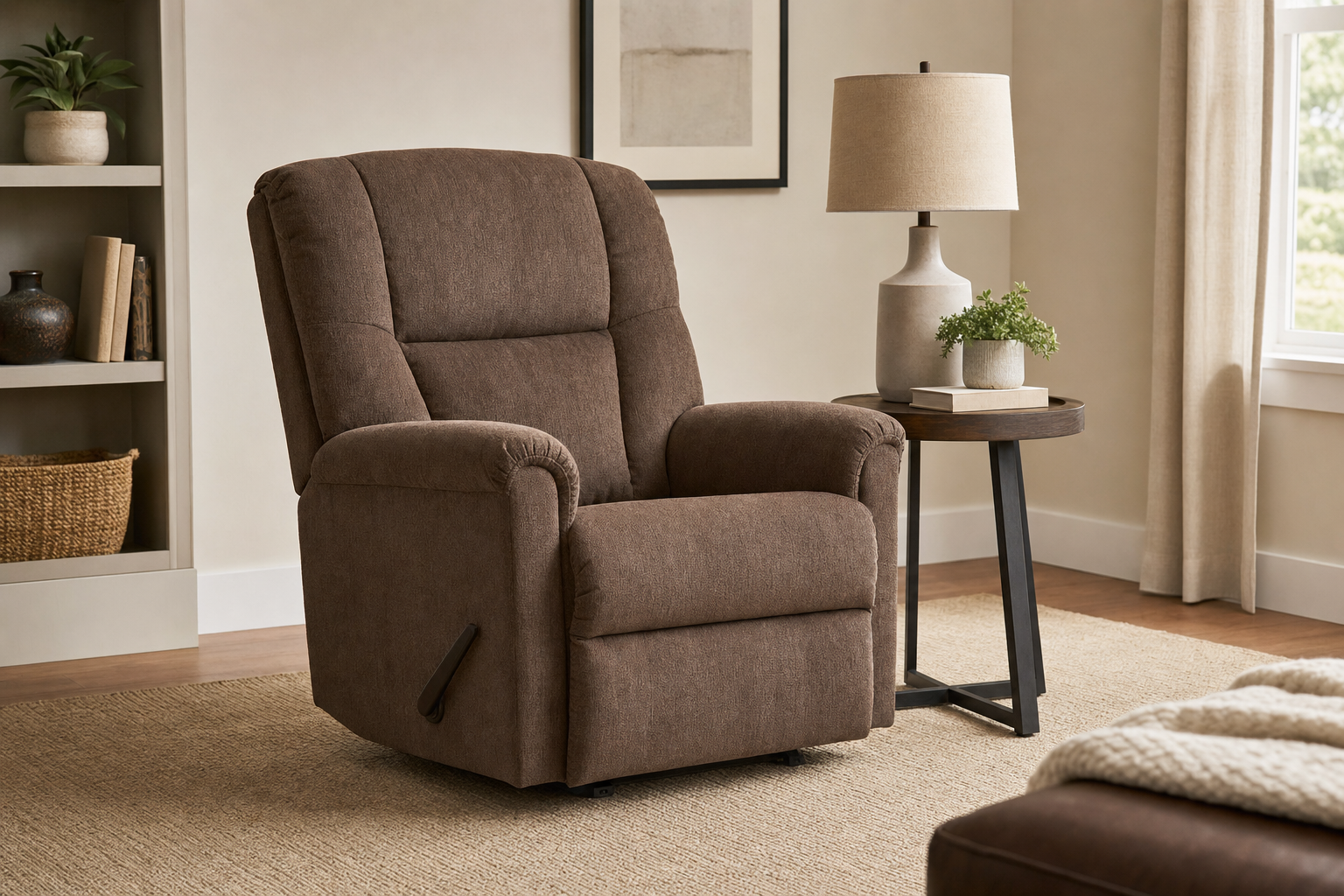 CANMOV manual recliner in nut brown shown upright in a living room setting