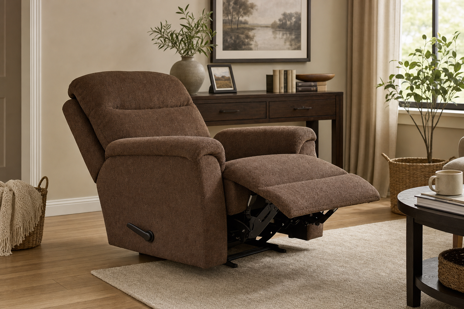 CANMOV recliner with footrest extended showing approximate recline footprint