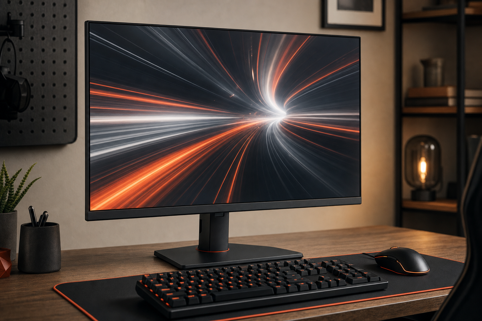 front three-quarter view of a 27-inch gaming monitor on a desk with keyboard and mouse