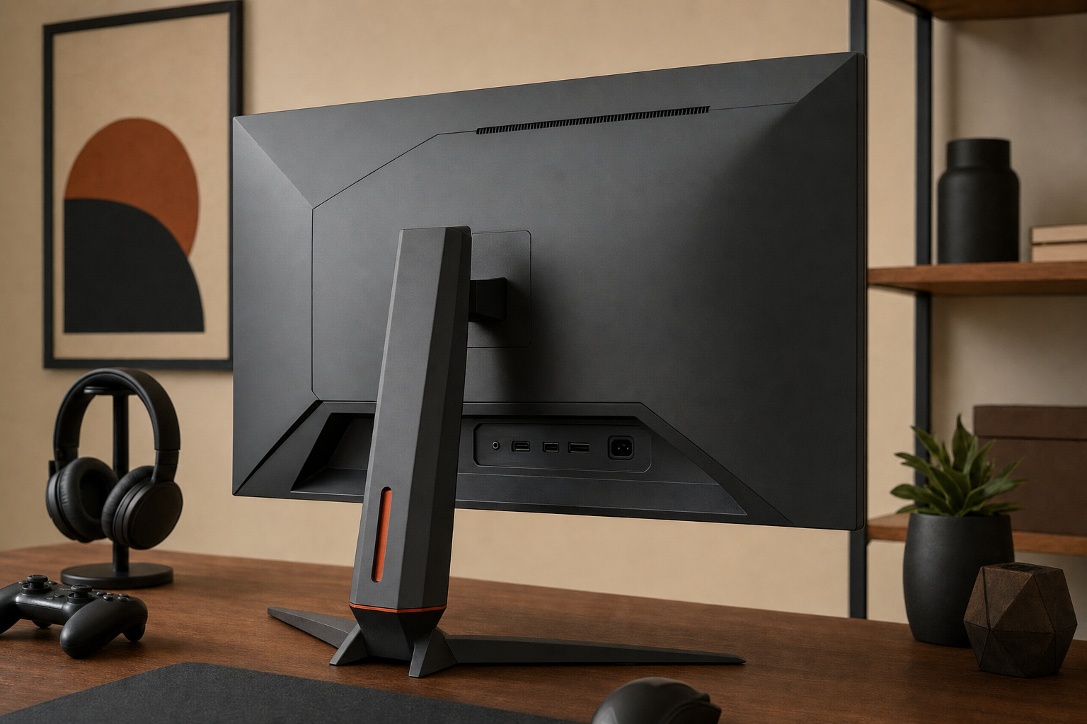 side rear view of a 27-inch gaming monitor showing stand design and port-access area