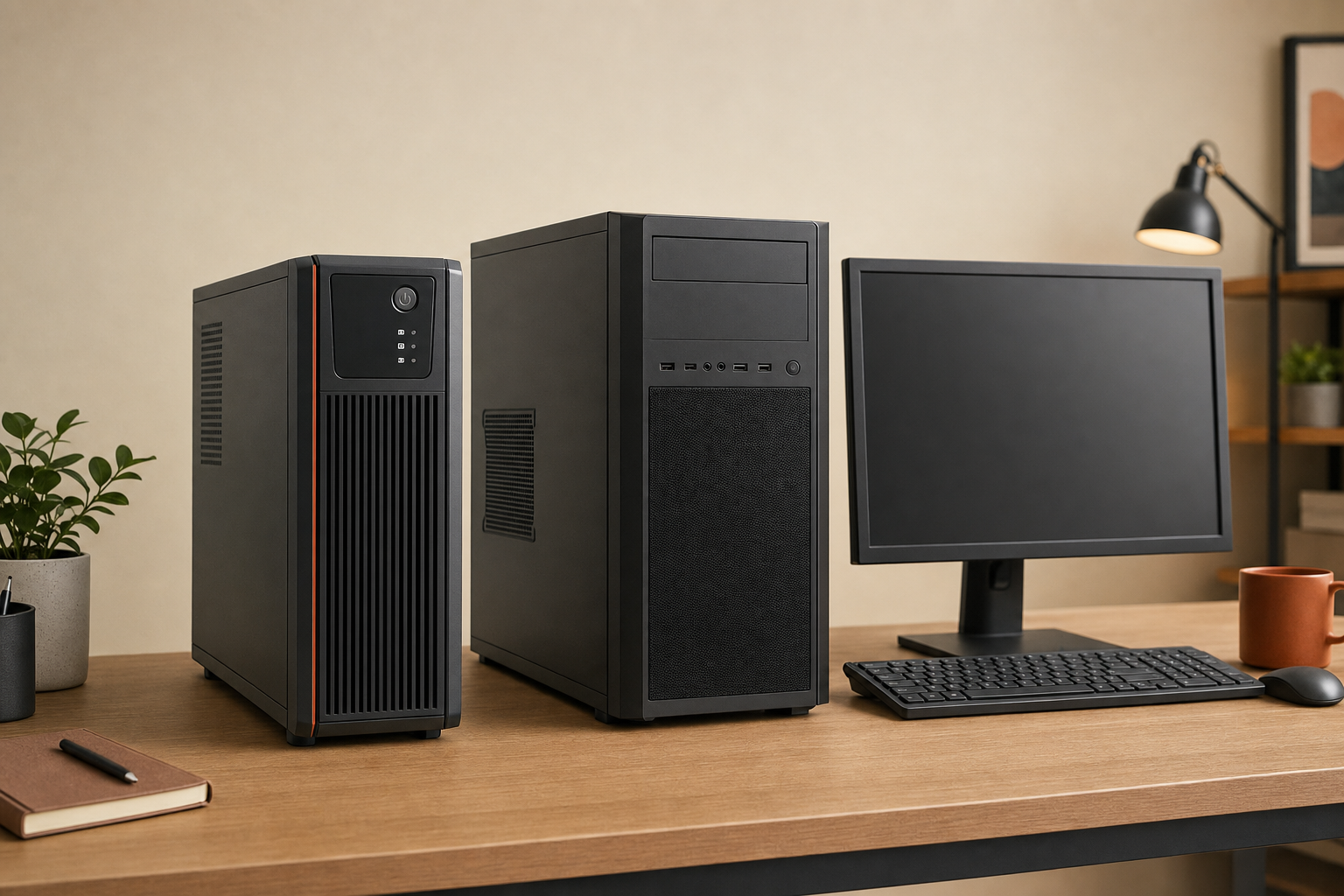 Tower UPS next to desktop PC and monitor for scale