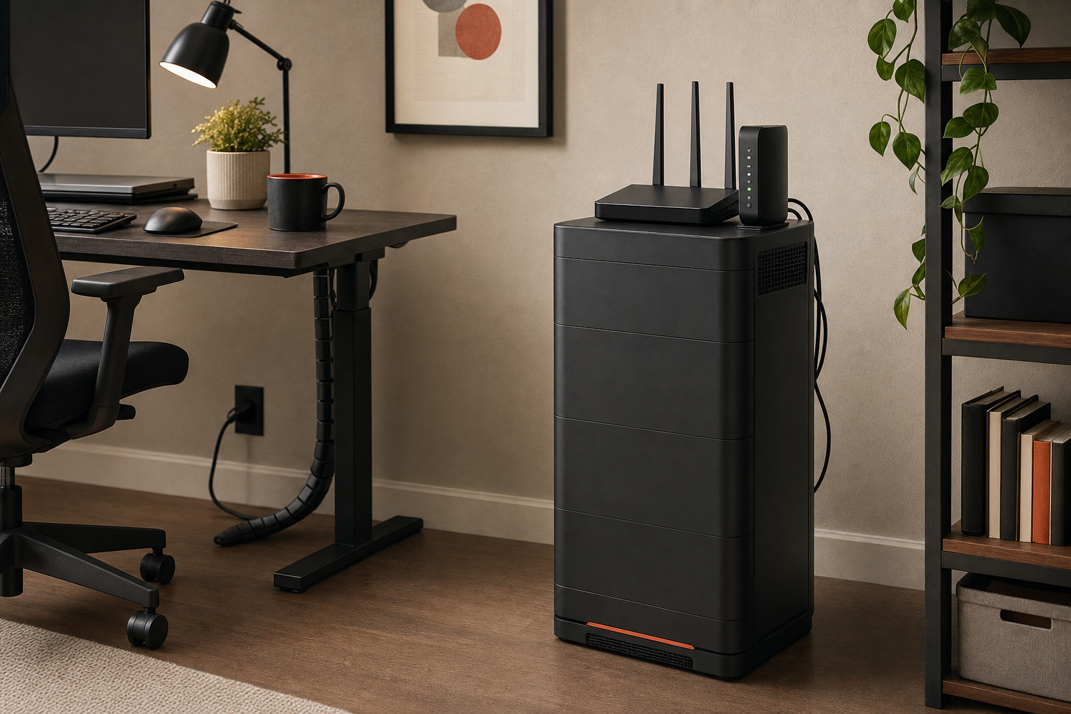 Battery backup unit supporting router and modem in a home office