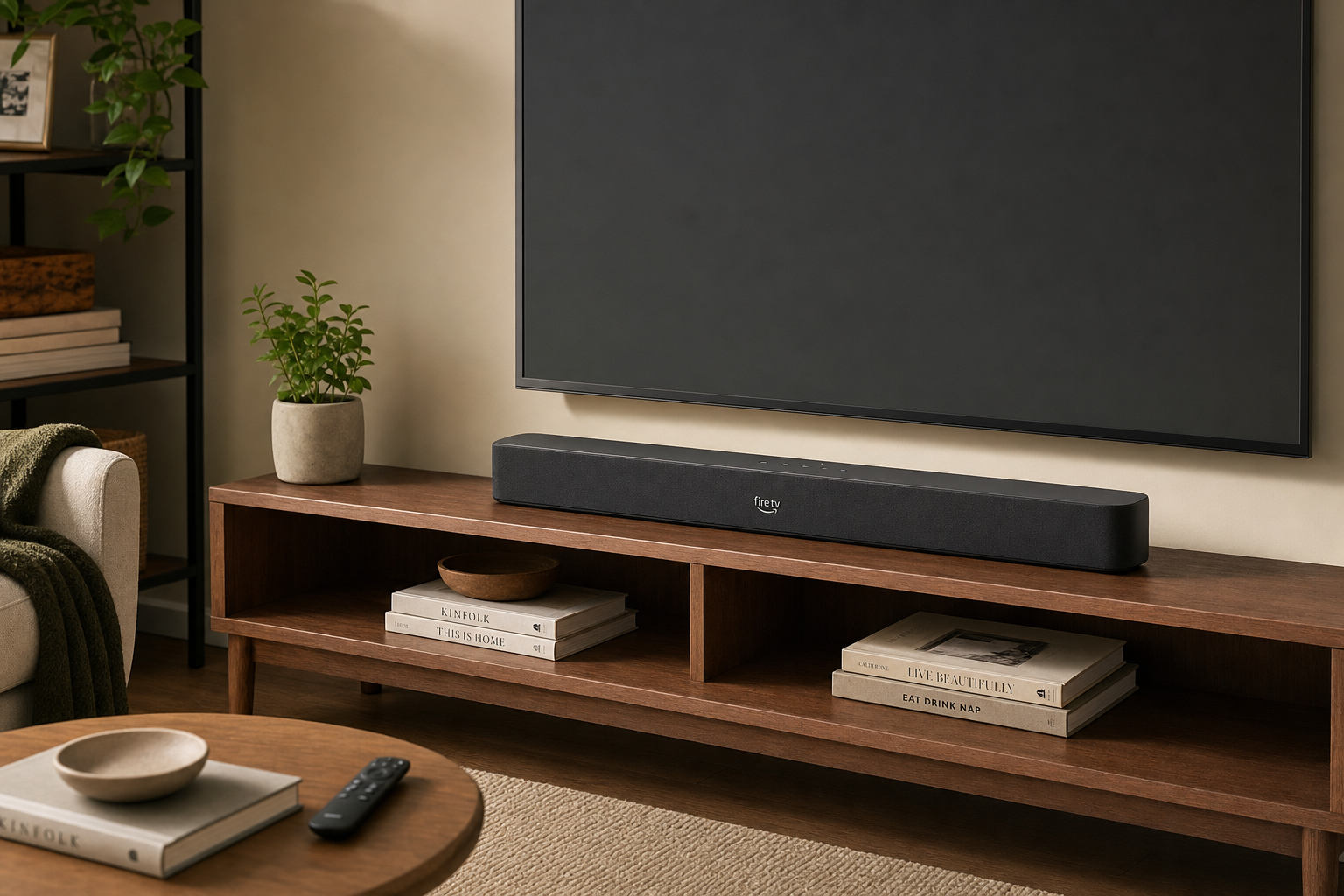Amazon Fire TV Soundbar Plus placed under a television on a media console in a living room.