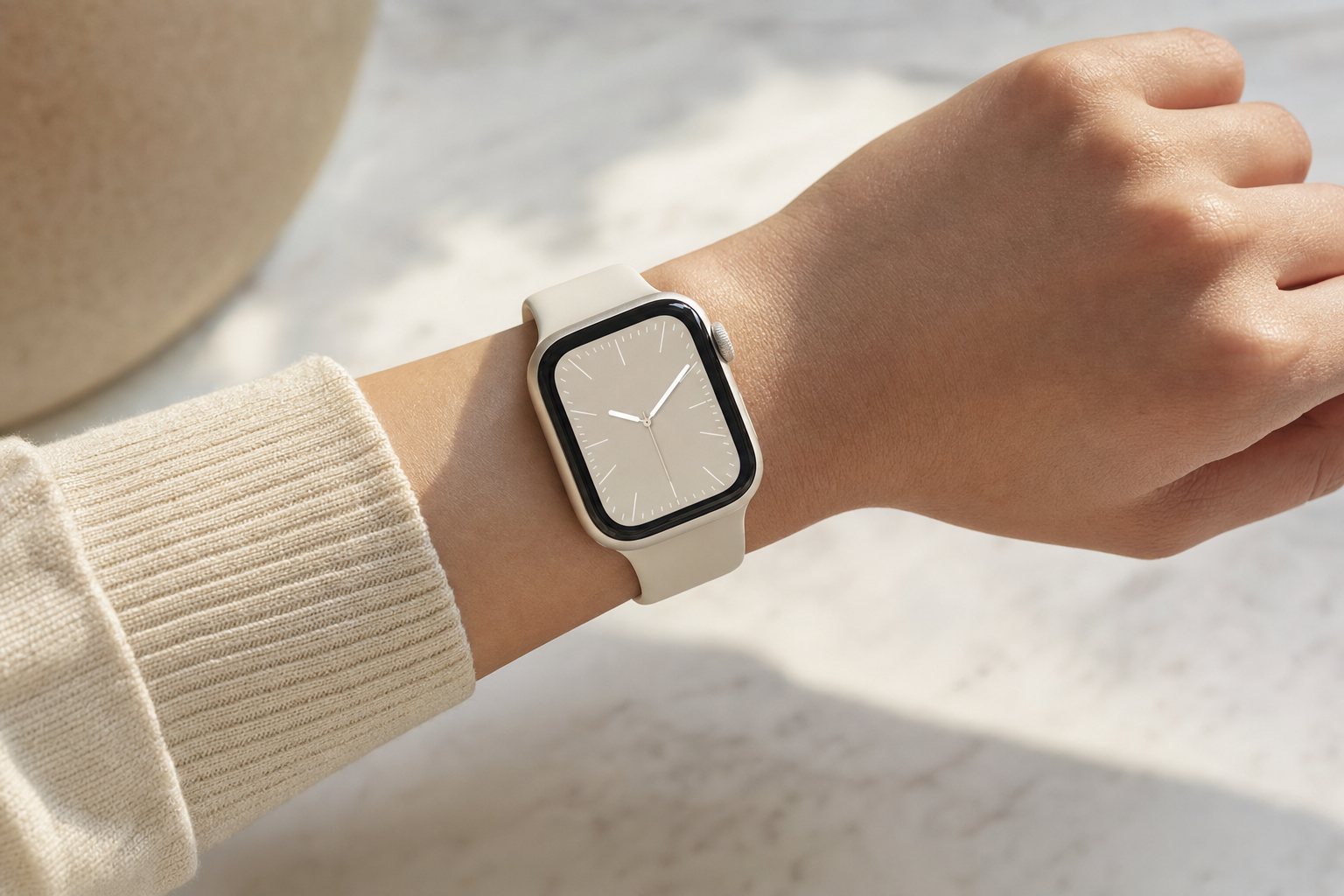 40mm Apple Watch in Starlight on wrist for size reference