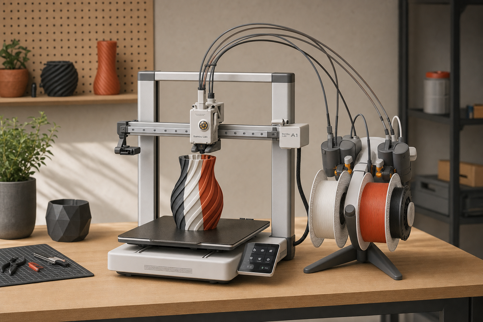 Full view of a multi-color 3D printer bundle on a clean workbench.