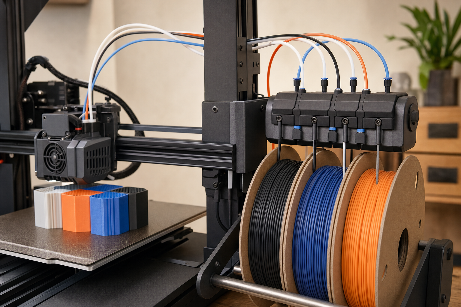 Close view of the filament-handling area on a multi-color 3D printer setup.