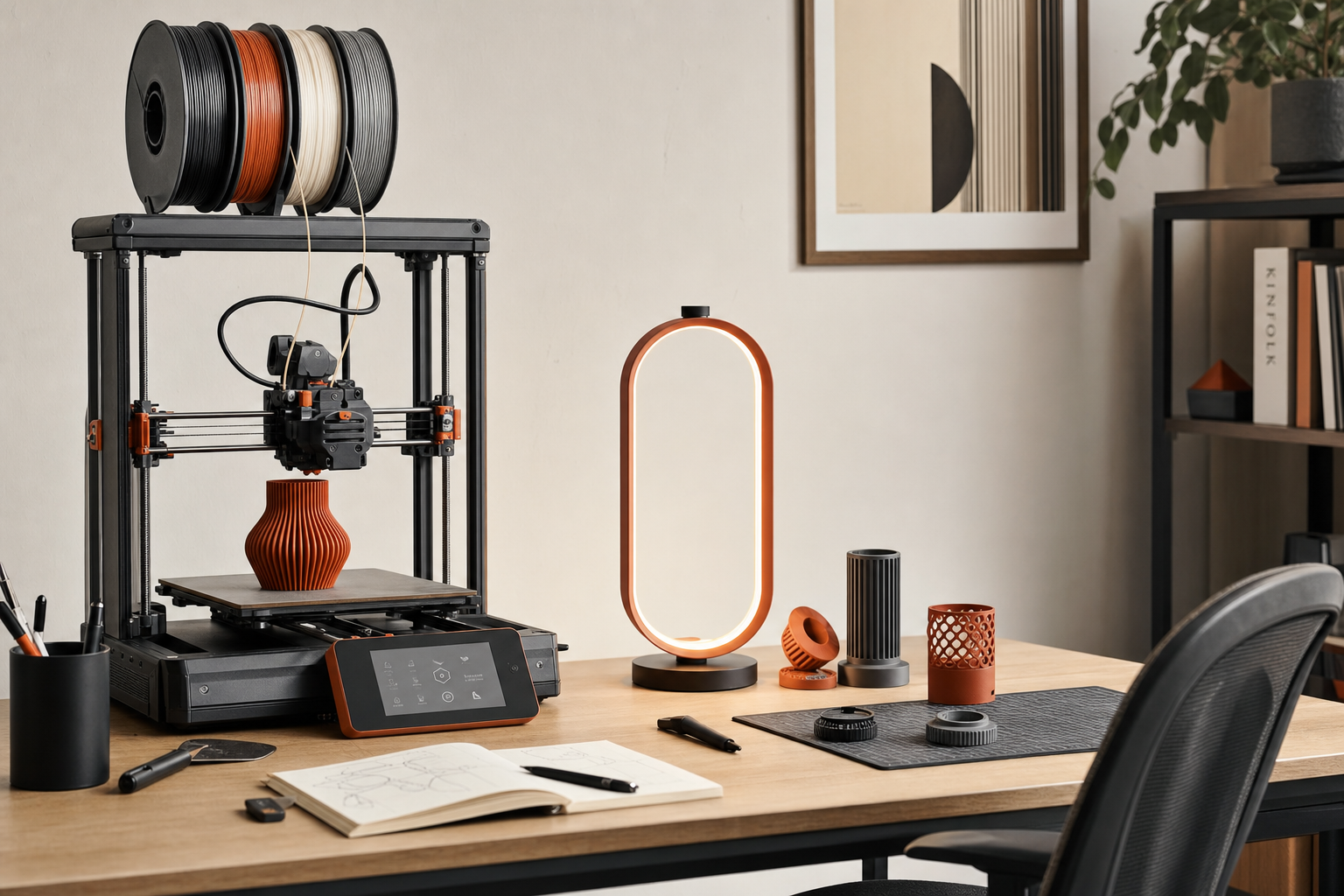 Multi-color 3D printer setup with lamp project components in a tidy maker workspace.
