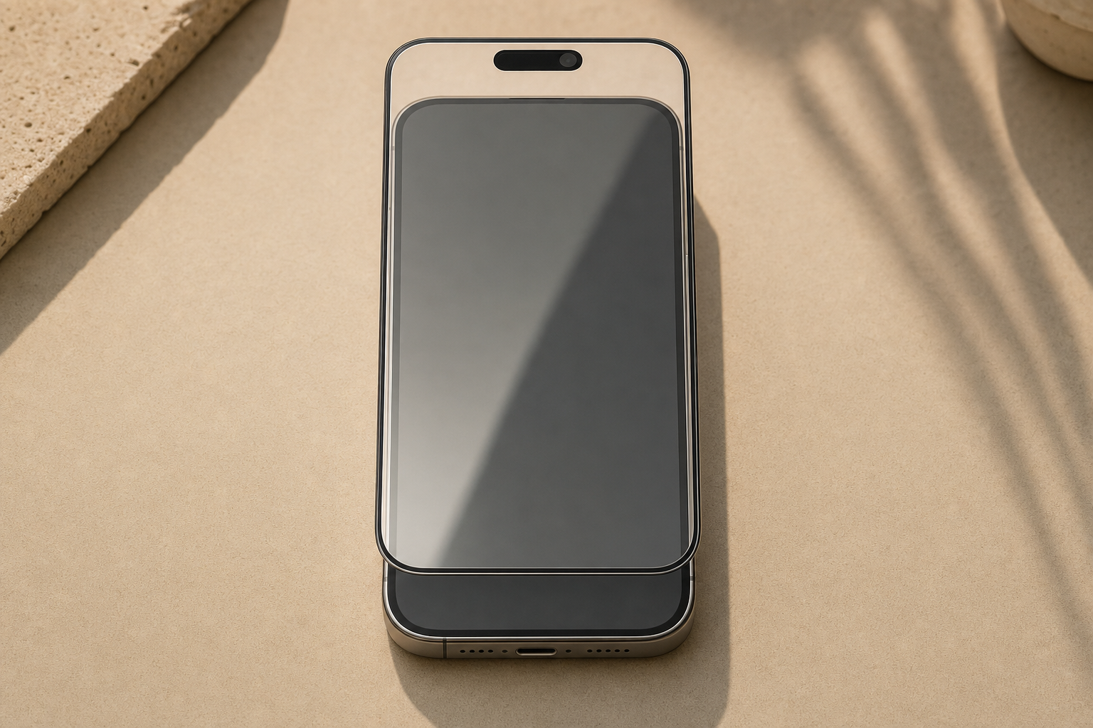 Tempered glass screen protector aligned over iPhone 15 Pro Max display showing Dynamic Island cutout fit