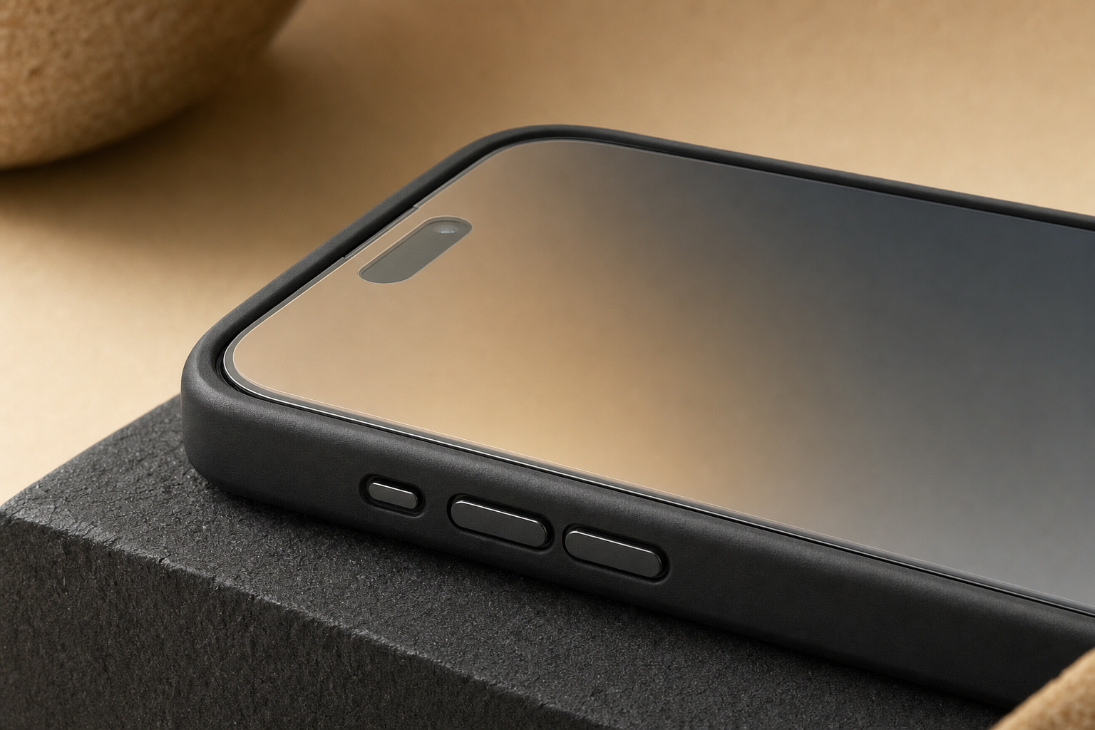 Side view of iPhone 15 Pro Max screen protector edge clearance inside a slim case