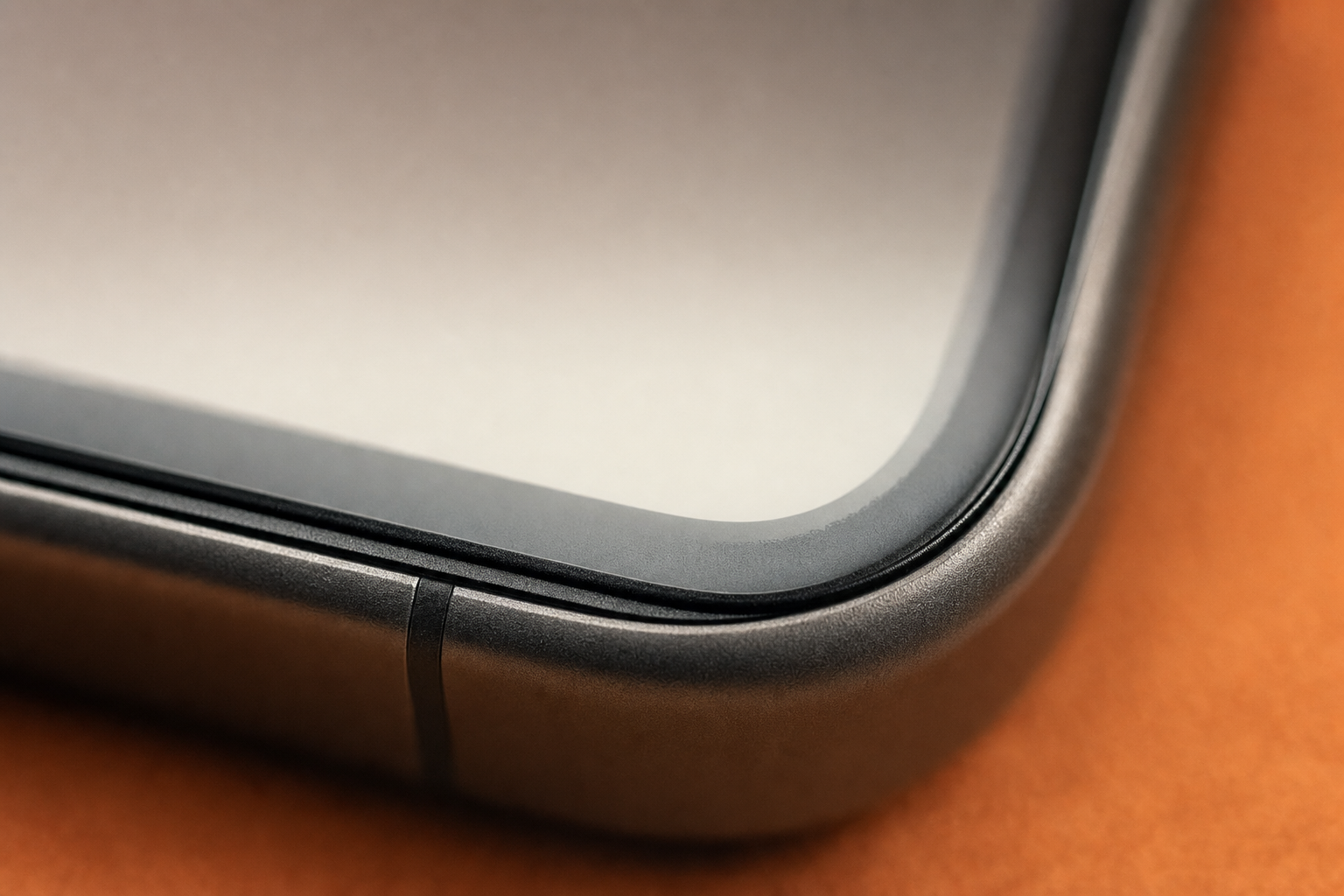 Close-up of the black border edge of a tempered glass screen protector on iPhone 15 Pro Max