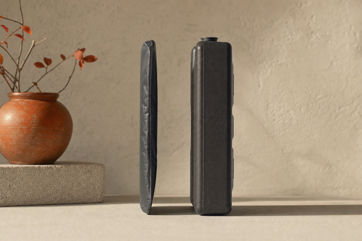 Side profile of a slim ice pack next to a thicker standard ice pack showing the difference in thickness