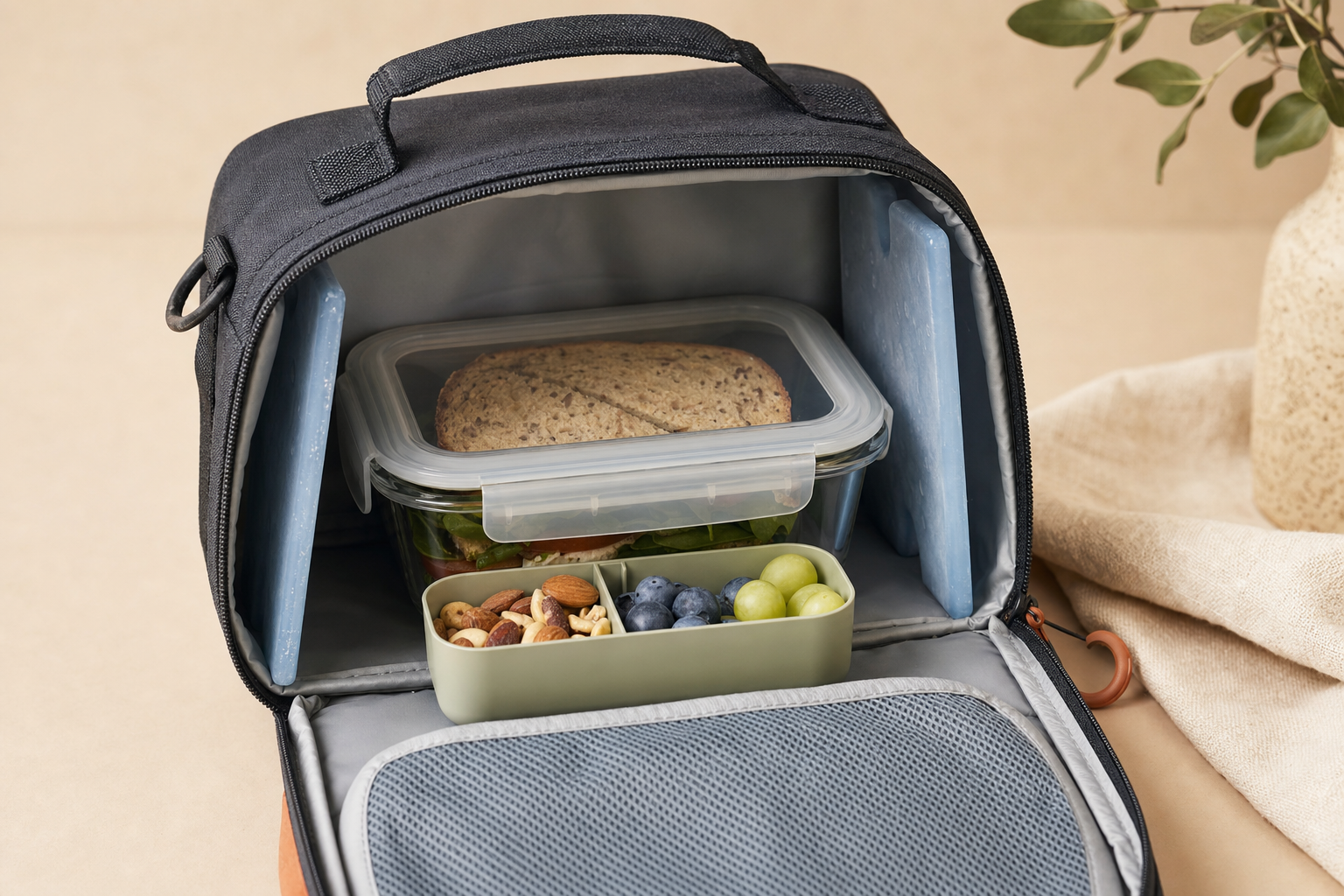 Two slim ice packs lining the interior walls of a soft lunch bag alongside a sandwich container and bento box
