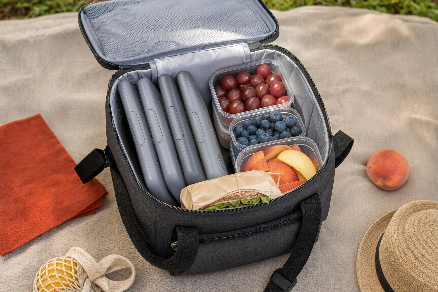 Four slim ice packs arranged inside a compact soft picnic cooler alongside food containers on a picnic blanket