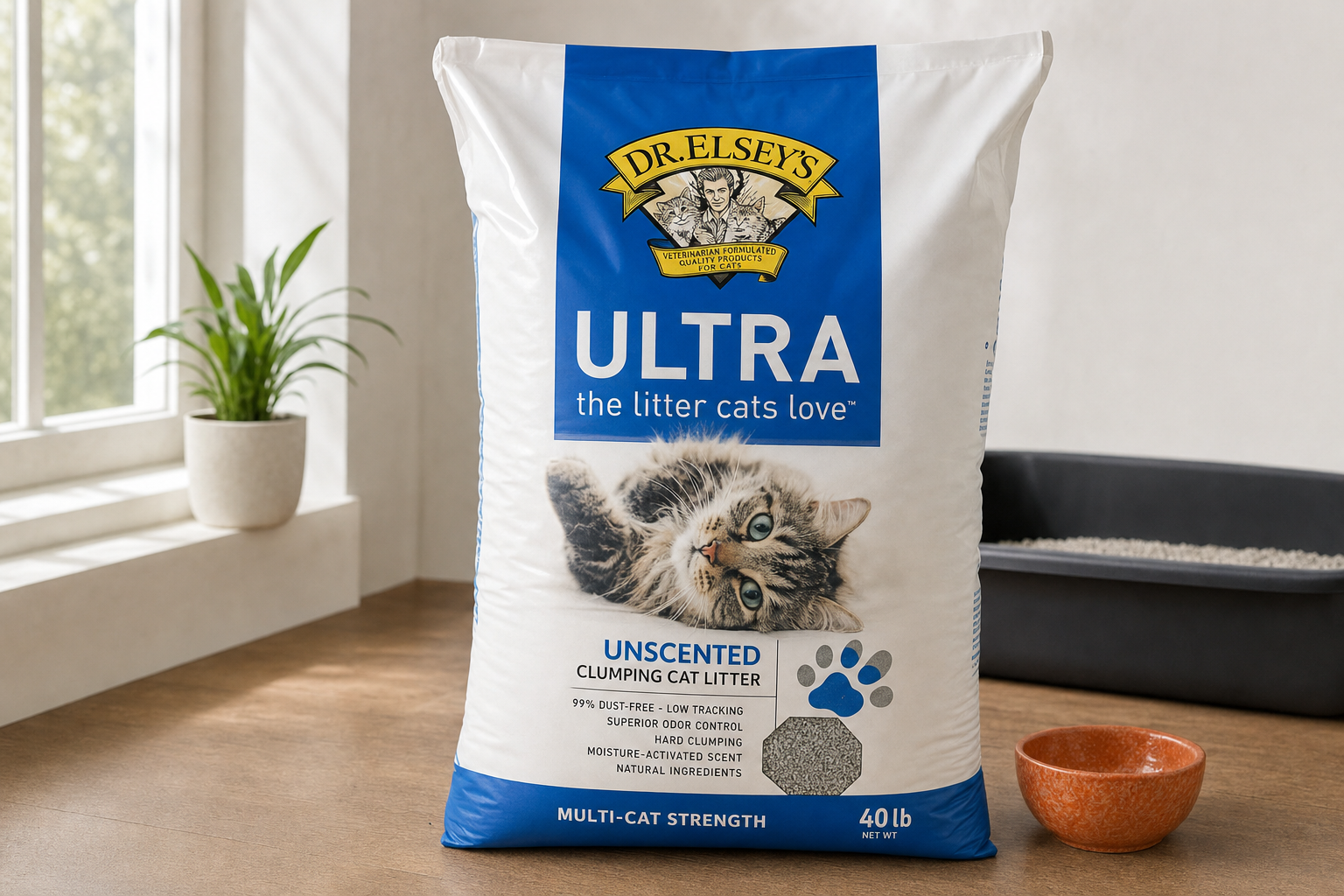 Dr. Elseys Ultra Unscented Clumping Cat Litter 40 lb bag on a warm neutral surface with a litter box in the background