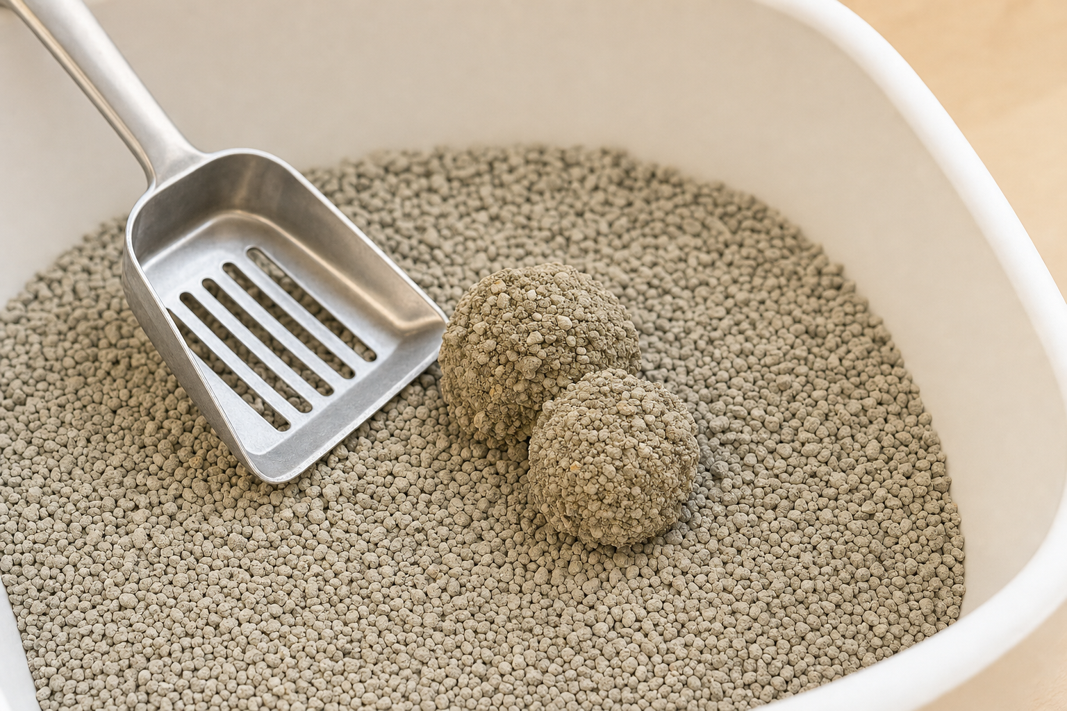Close-up of clay cat litter granules and firm clumps in a litter box with a metal scoop for scale