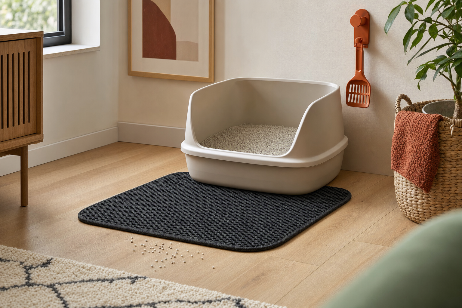 Litter box area on hardwood floor with a mat at the entrance and a small amount of tracked clay granules visible beyond it