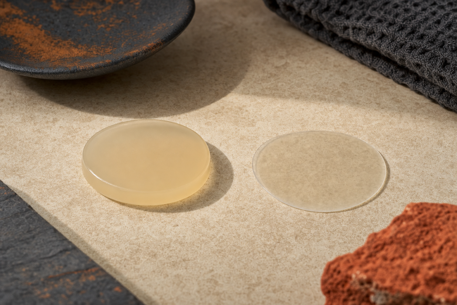 Side-by-side comparison of a thicker nighttime hydrocolloid patch and a thinner daytime patch format