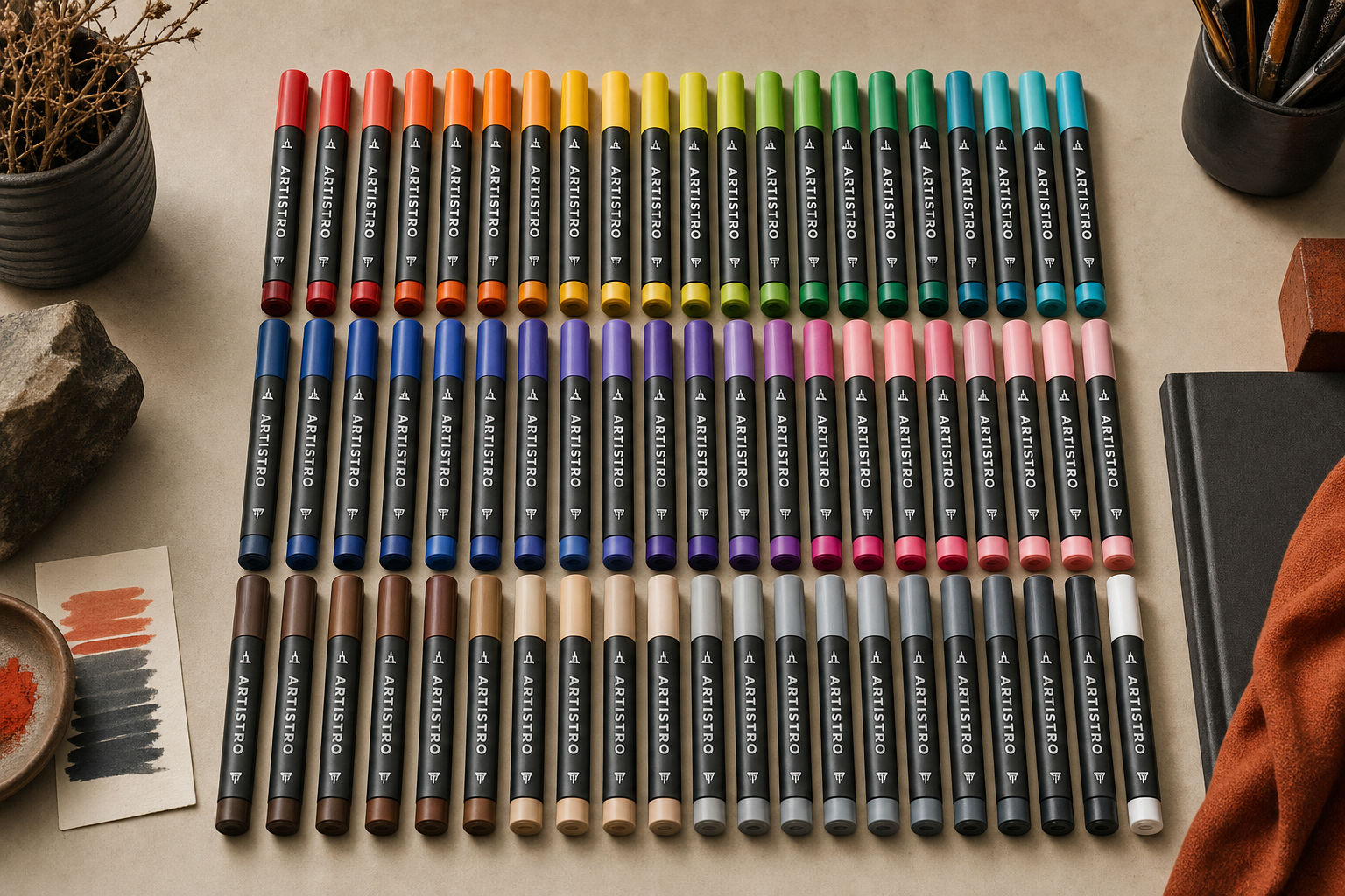 Full set of 36 ARTISTRO dual-tip acrylic paint markers organized by color family on a warm neutral surface