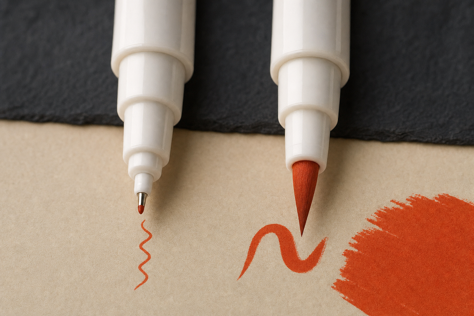 Close-up of ARTISTRO dual-tip acrylic paint marker showing fine precision tip and flexible brush tip side by side