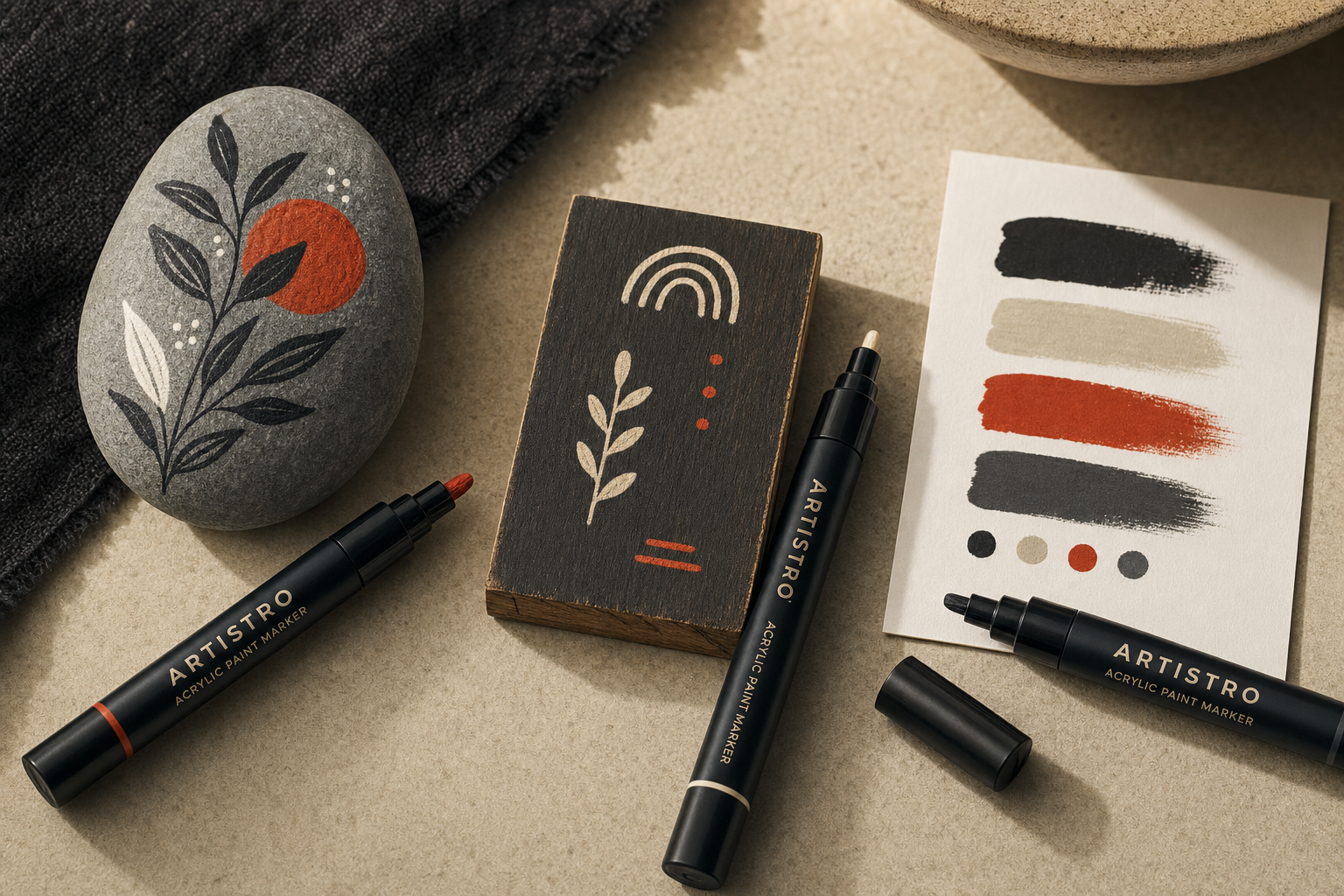 ARTISTRO acrylic paint markers shown alongside painted rock, wood, and cardstock demonstrating surface compatibility