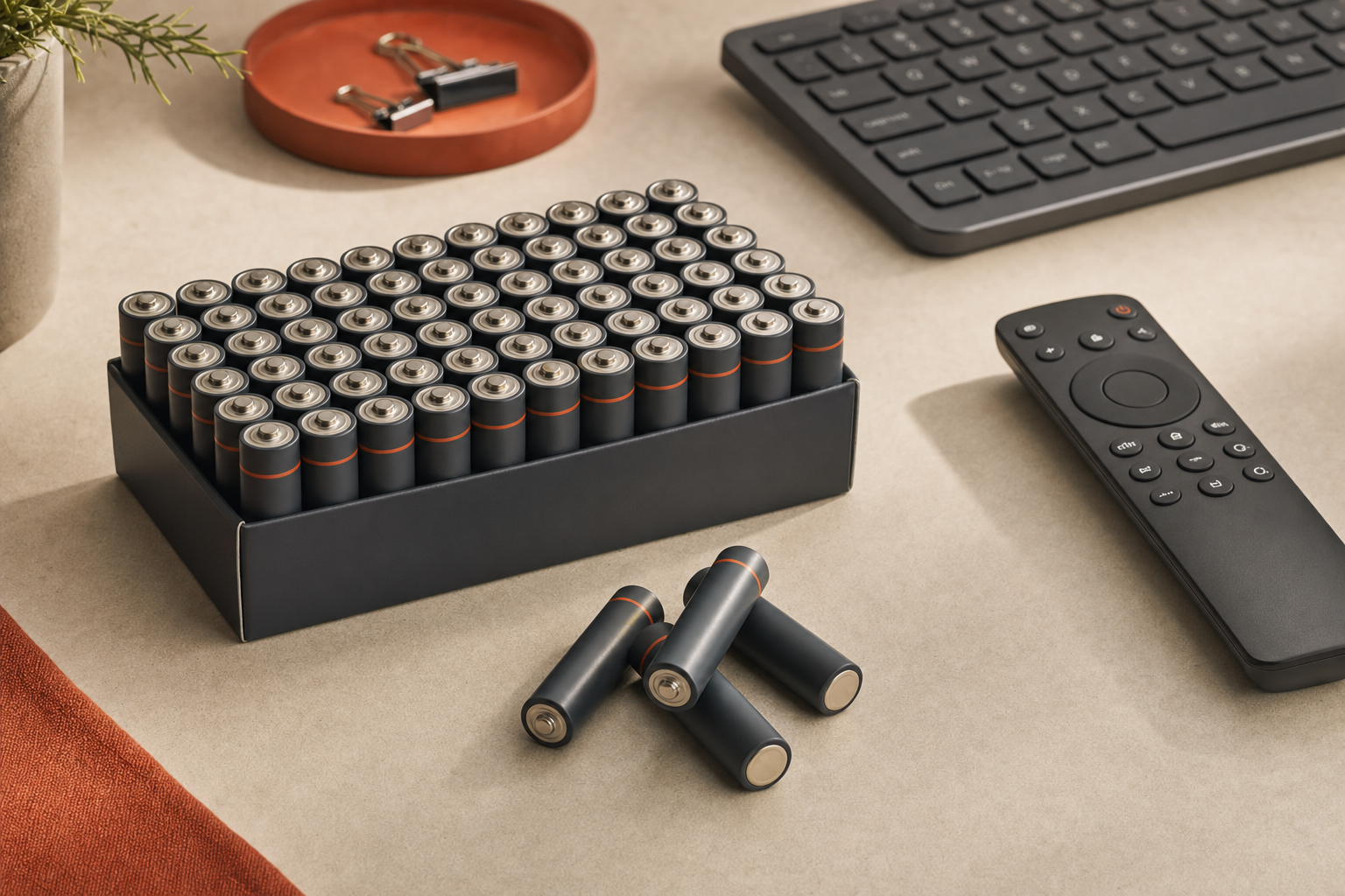 AA alkaline battery 48-pack with TV remote and wireless keyboard on a neutral surface