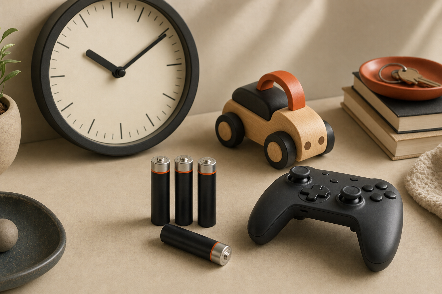 AA batteries beside a wall clock, childrens toy, and game controller illustrating common household use cases