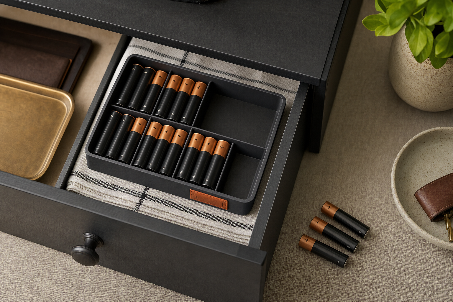 AA batteries stored neatly in a home drawer organizer tray