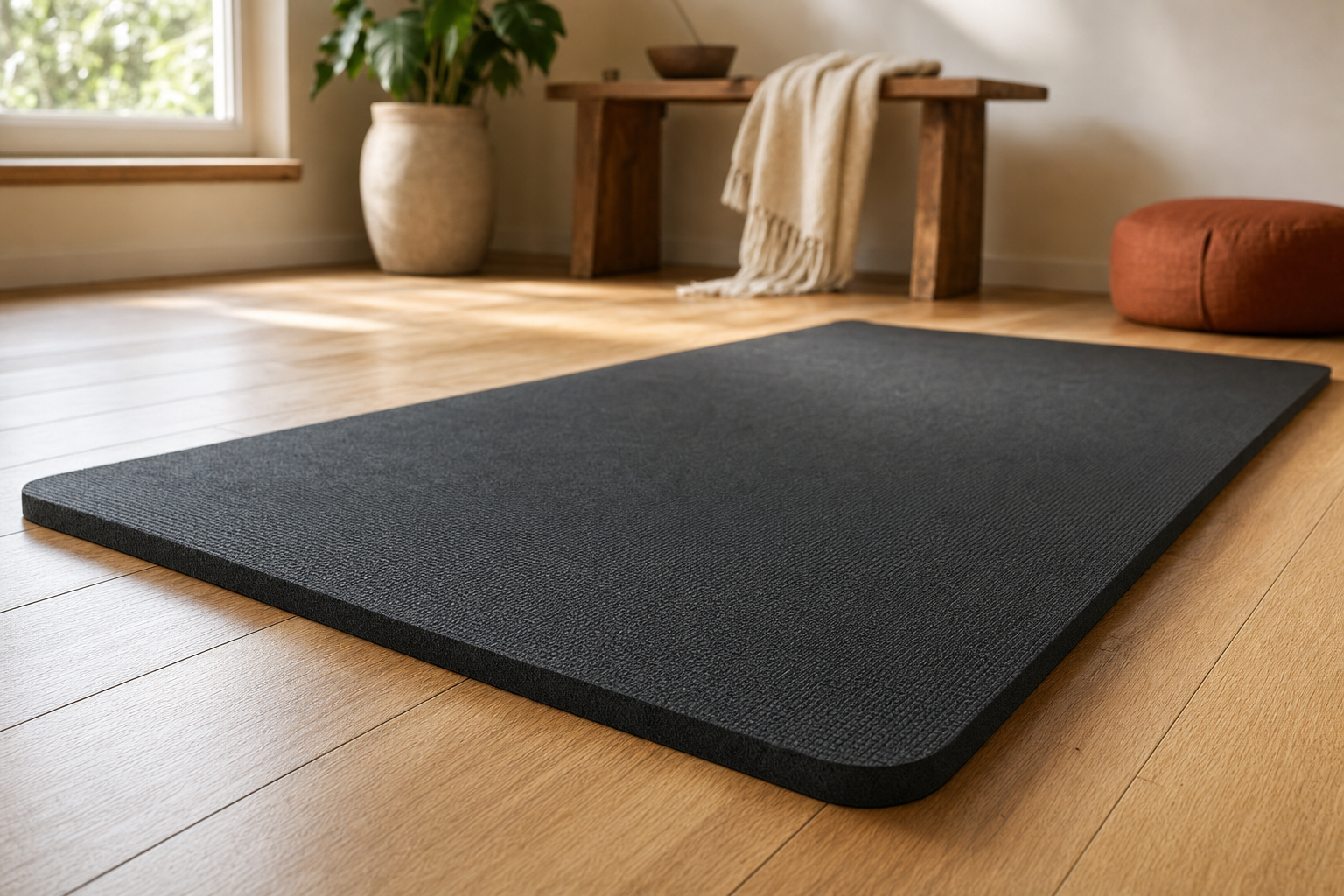 Thick black exercise yoga mat unrolled flat on hardwood floor showing edge cushioning depth