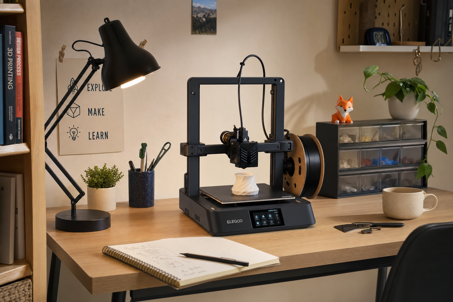 Compact desktop 3D printer on a small desk with everyday objects for scale