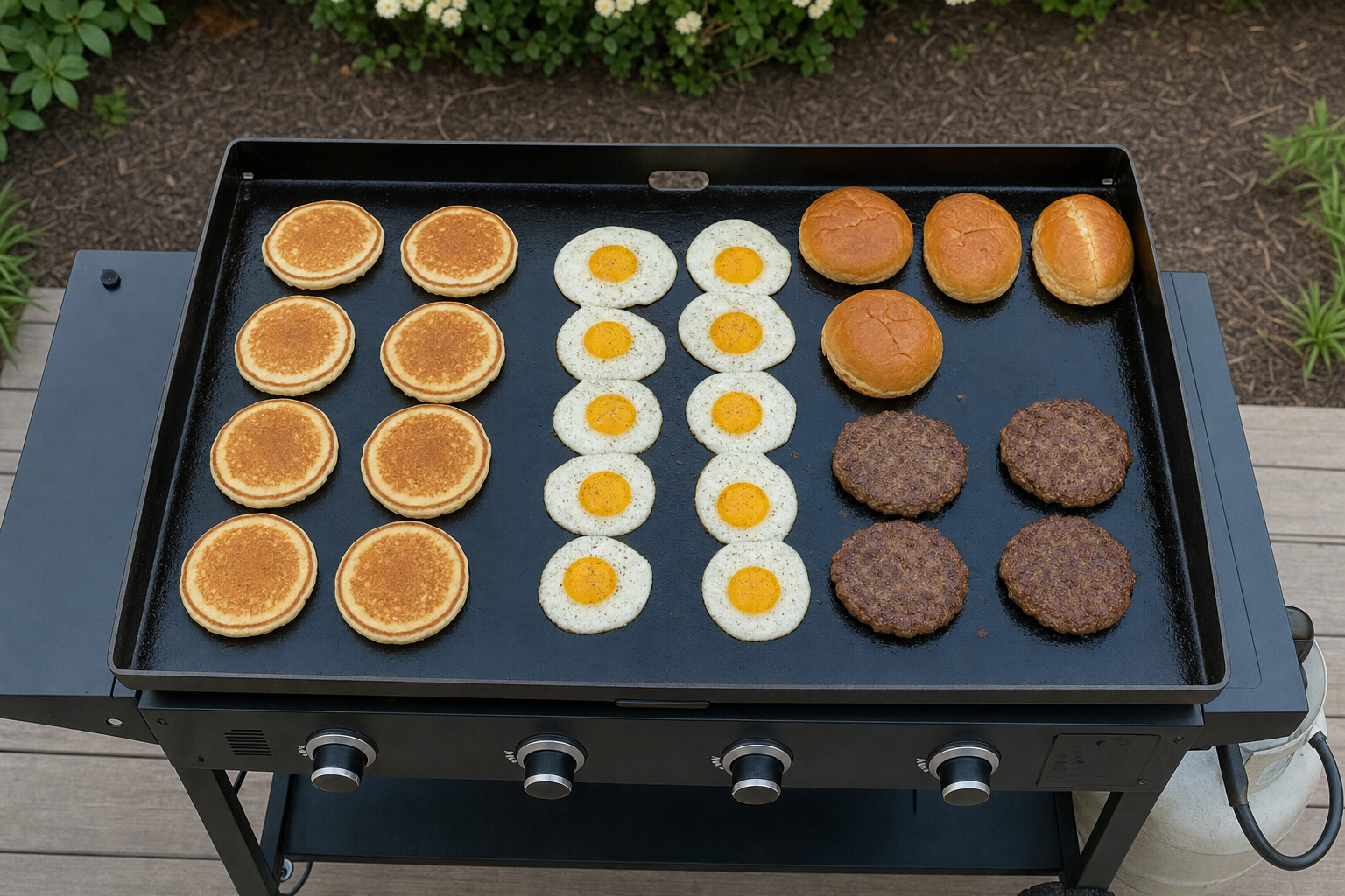 Outdoor flat-top griddle cooking several breakfast foods at the same time