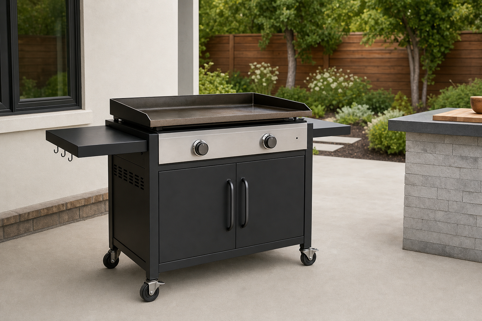 28-inch outdoor griddle on a patio showing realistic footprint and cart-style base