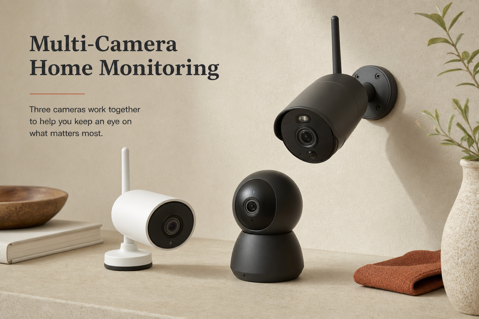 Three outdoor security cameras shown together as a multi-camera home security kit.
