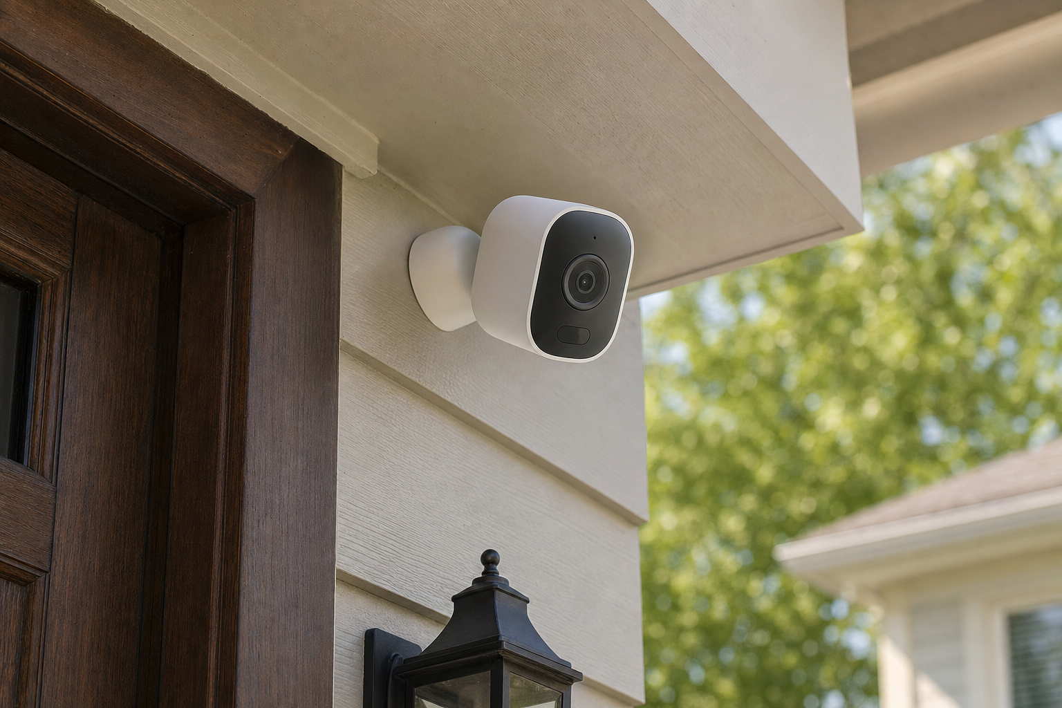 Outdoor security camera mounted under an eave near a home entry.