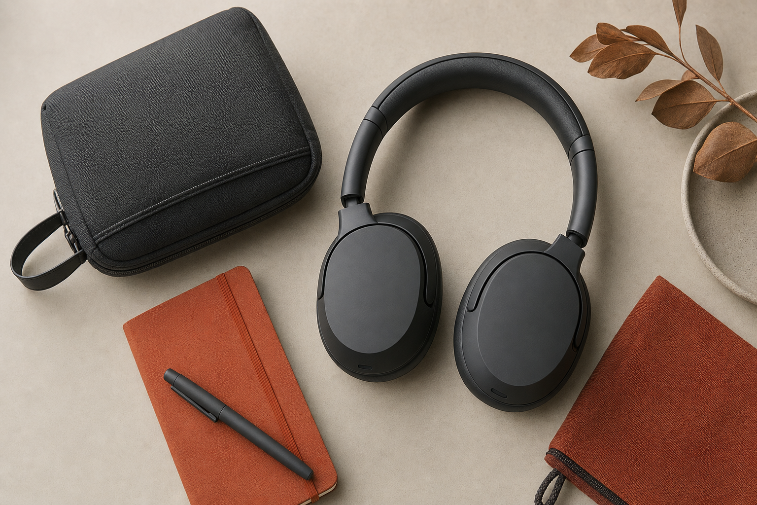 Over-ear wireless headphones in a flat-lay travel setup beside a notebook and pouch.