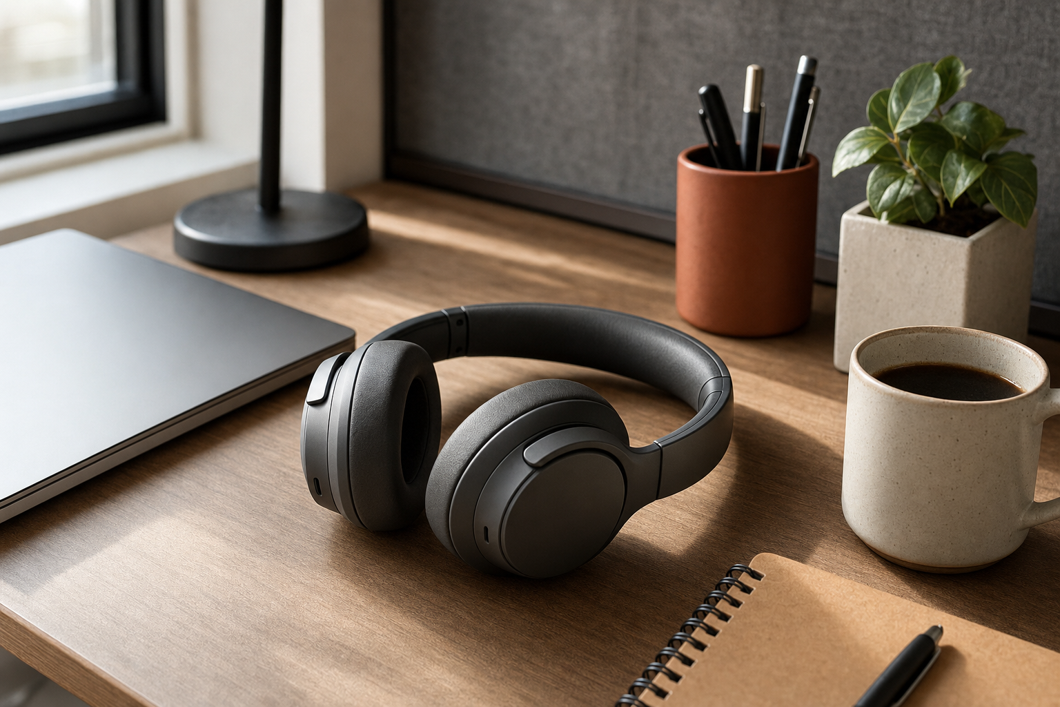 Over-ear wireless headphones on an office desk next to a closed laptop.