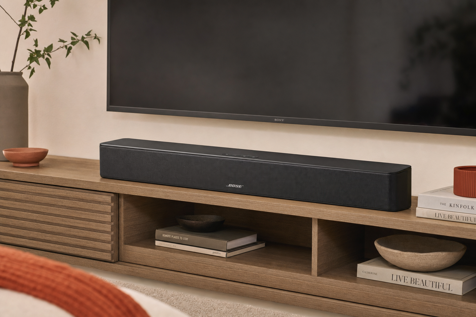Front three-quarter view of a compact TV soundbar on a media console.