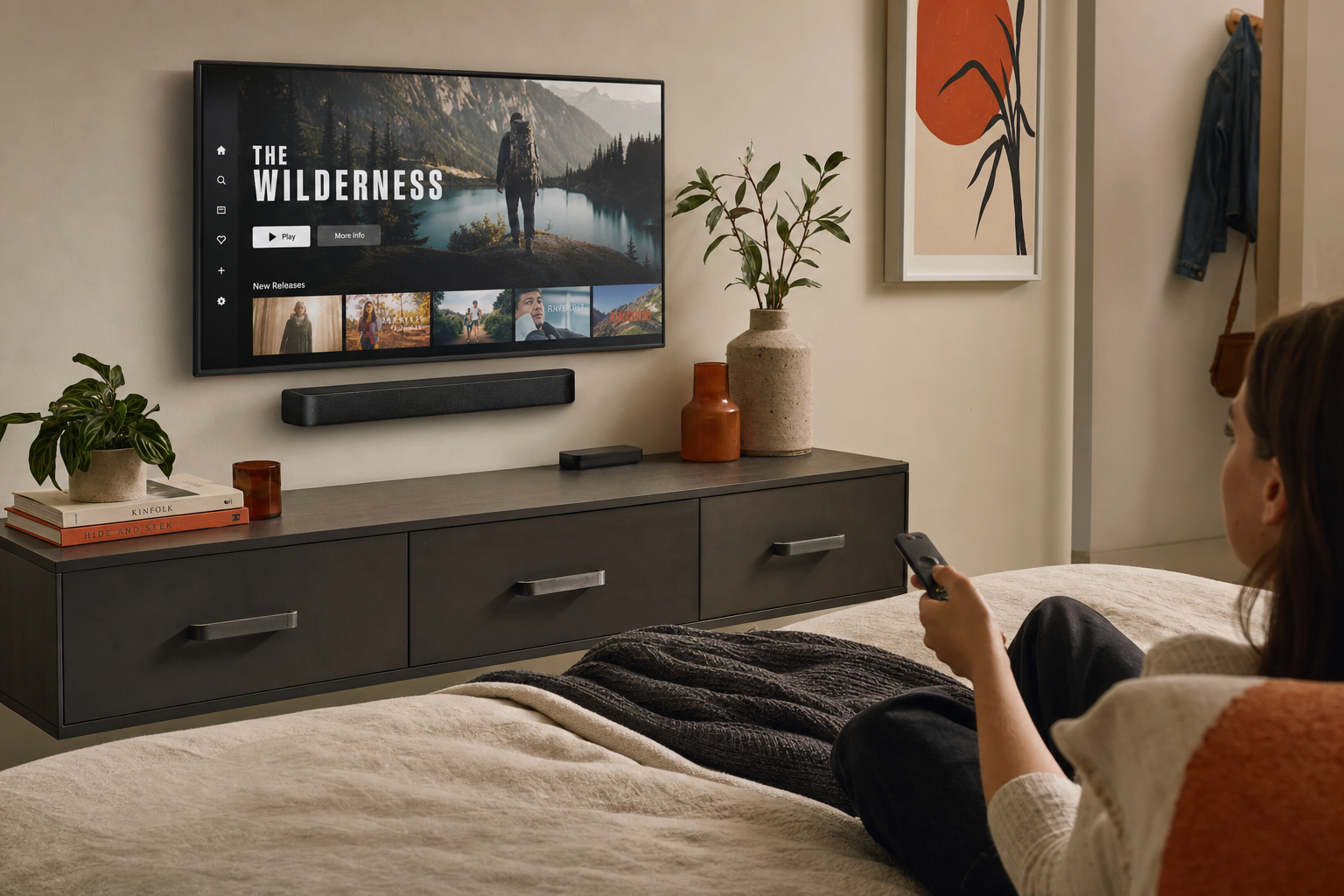 Compact TV soundbar under a small living room television in an everyday viewing setup.