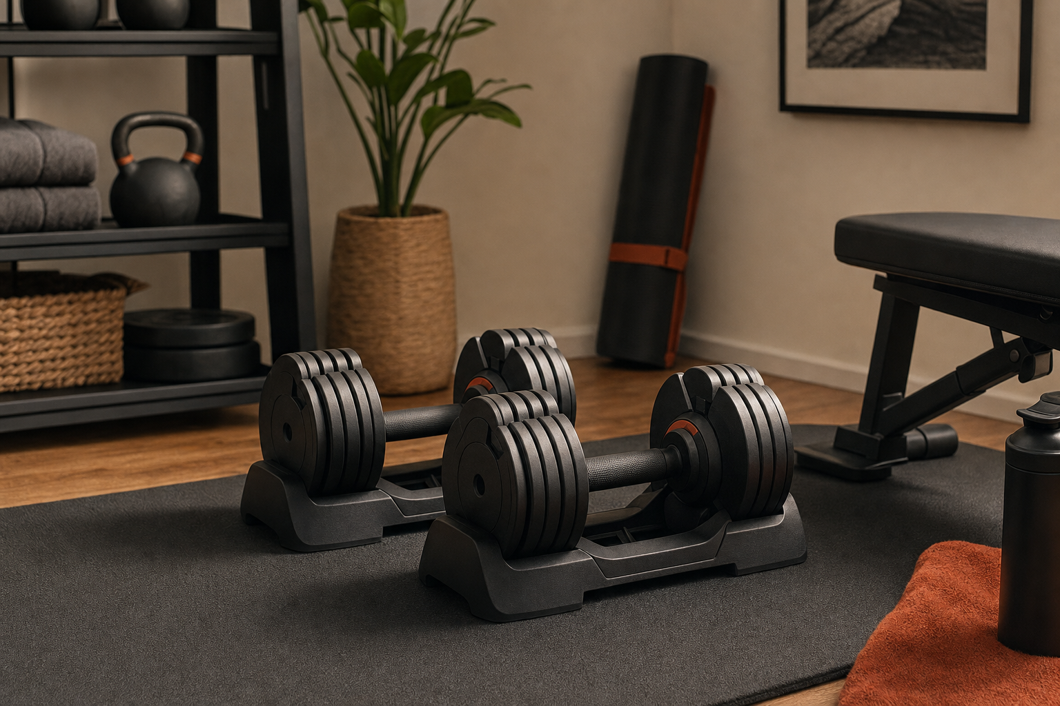 A pair of adjustable dumbbells in a compact home gym corner.