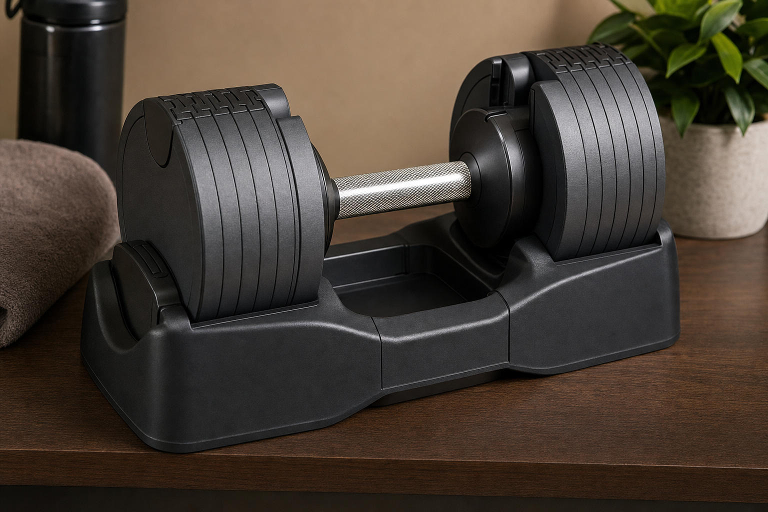 An adjustable dumbbell resting in its storage cradle with the handle visible.
