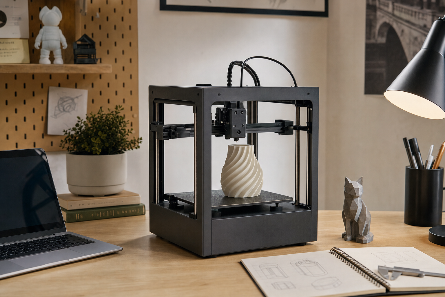 Compact 3D printer in a student workspace with a small printed object beside it