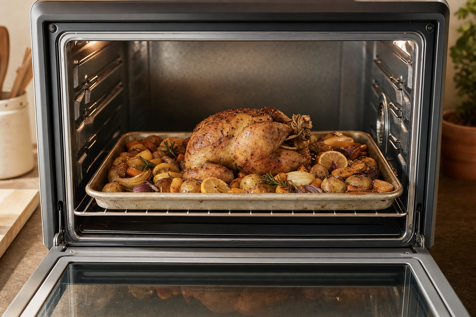 Interior of Breville Smart Oven Air Fryer Pro with roasting dish to show oven-style capacity